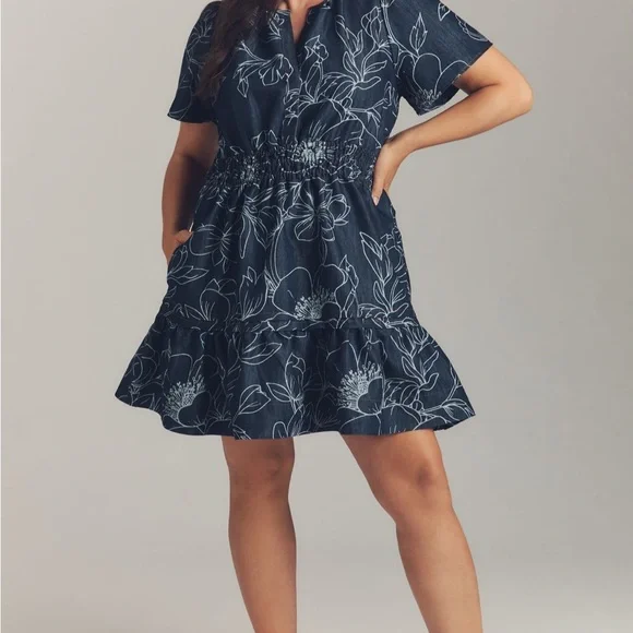 Anthropologie Denim Navy Floral Mini Dress - Picture 5 of 6